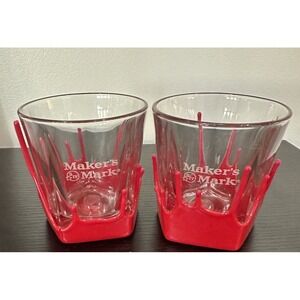 Makers Mark Glasses Red Wax Drip Bourbon Whiskey Logo Rocks Set Of 2 Low Ball